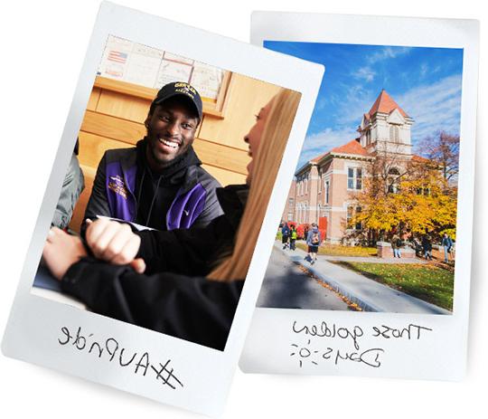 Alfred campus building with text, Those golden Days; Students with text, #AUPride